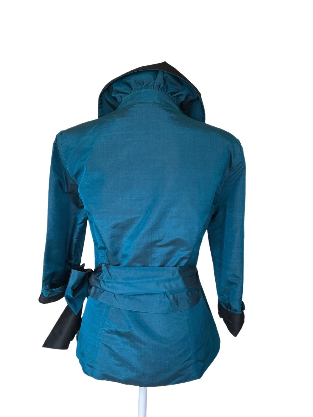 Marisa Baratelli Teal Silk Wrap Blouse with Black Stand-Up Contrast Collar - Picture 2 of 6